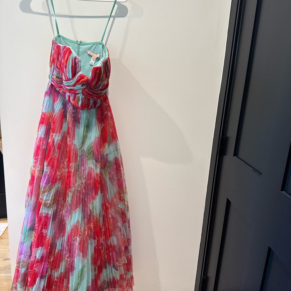 Anthropologie Strapless Red Floral Pleated Maxi Dress - Picture 6 of 6
